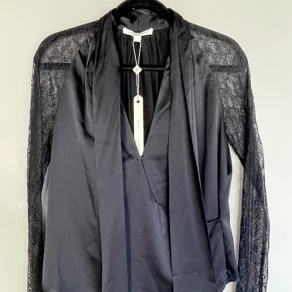 Jonathan Simkhai Satin Tie Neck Chantilly Lace Sleeve Wrap Black Blouse XS - Picture 11 of 12